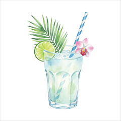 Coconut water cocktail with lime and flower garnish, watercolor tropical summer drink
