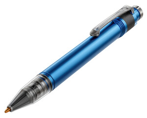 Naklejka premium Blue gel pen with metallic finish silver clip transparent tip and realistic photo style perfect for office school or stationery collection isolated on transparency background