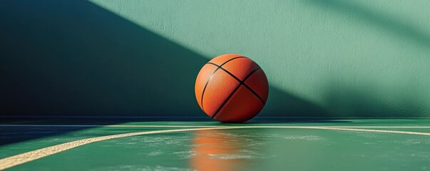 3D render of a basketball resting on a sunlit court