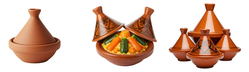 Authentic moroccan tagine pots and couscous with vegetables traditional cookware food culinary cuisine on transparent background