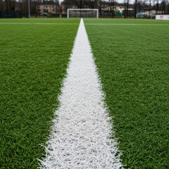 White line on green grass sports field. Close up of playing ground markings for game. Field for football for banner poster or sports equipment ads.	

