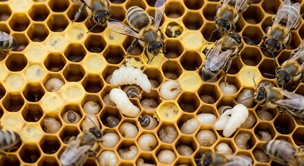 Honeycomb with Bees and Larvae - A Close-Up View of Bee Colony Life.