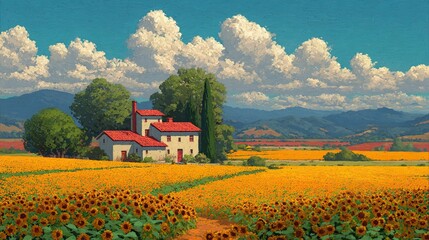 A picturesque rural scene featuring a charming white house with a red roof, surrounded by vibrant yellow sunflower fields. The landscape showcases lush green trees and rolling hills under a bright blu