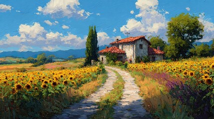 A picturesque rural landscape featuring a charming stone house with a red-tiled roof, surrounded by vibrant sunflower fields under a clear blue sky dotted with fluffy white clouds. A winding pathway l