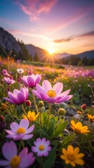 Obraz premium Floral field at sunset, mountains, vibrant colors, nature