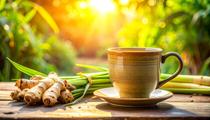 Steaming herbal tea in a ceramic mug beside fresh ginger and lemongrass on a rustic wooden table under morning sunlight. A warm, natural scene evoking wellness, freshness, start to the day