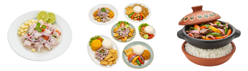 Delicious peruvian cuisine assortment featuring ceviche lomo saltado and various traditional dishes shown on transparent background