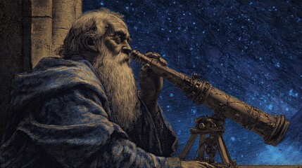 An elderly man with a long white beard gazes through a vintage telescope, immersed in a starry night sky. He is dressed in a flowing cloak which adds to the atmospheric quality of the scene. The backg