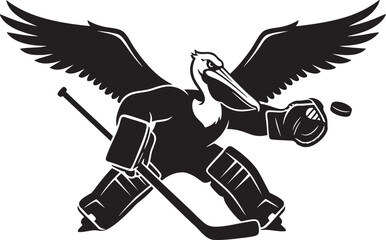 Dynamic Eagle Goalie Hockey Logo, Aggressive Goaltender Mascot with Wings and Hockey Gear, Black and White Emblem Design
