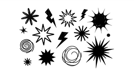 Comic Style Graphic Elements – Hand-Drawn Stars, Lightning Bolts, Spirals, and Bursts on White Background