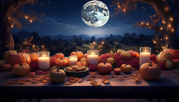 Halloween pumpkin with full moon background