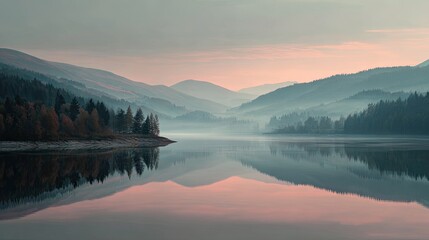 Serene landscape featuring a calm lake surrounded by rolling hills and forested mountains. The scene is bathed in soft pastel colors of dawn, with mist hovering over the water’s surface, enhancing the