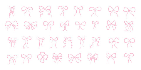 Hand drawn elegant pink bows and ribbons. Vintage minimalist drawing sketch illustration. Perfect for holiday poster, greeting cards, wedding invitations