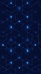 A seamless abstract pattern showcasing interconnected geometric shapes in a dark blue background, adorned with bright glowing points of light. The design exudes a modern and technological feel, ideal 