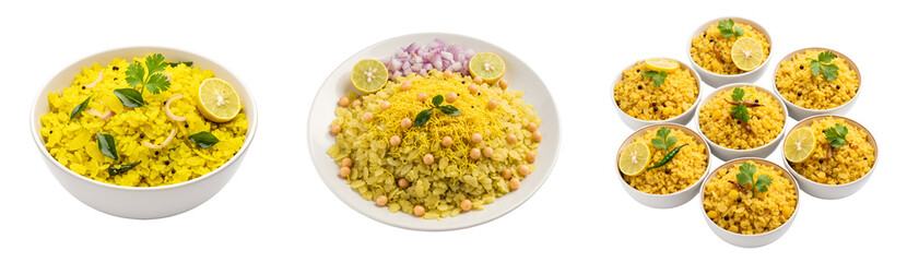 Indian breakfast poha recipe flattened rice with lemon and cilantro delicious and healthy traditional food on transparent background
