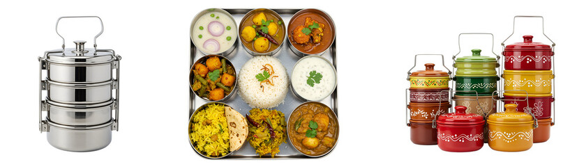 Indian lunch box tiffin carrier with traditional meal thali and colorful spice storage containers set kitchenware on transparent background