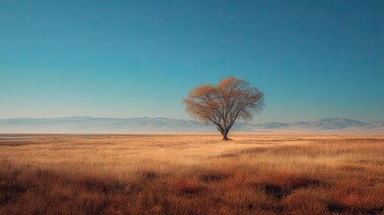 A solitary tree stands majestically in an expansive golden field under a clear blue sky. The landscape spreads out into soft, rolling hills in the background, which are hazy with distant mountains und