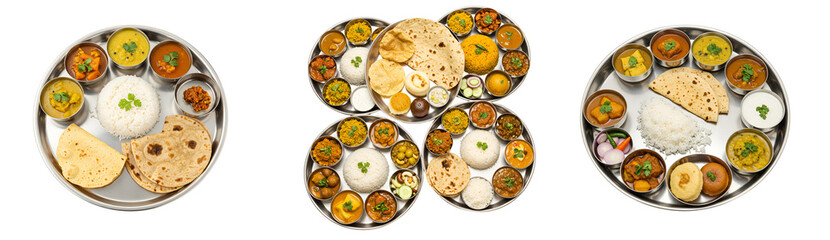 Delicious indian thali meals variety of dishes rice roti vegetable curries and traditional food cuisine on transparent background