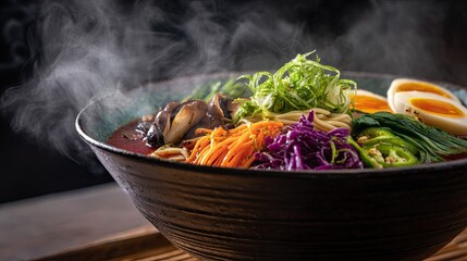 A steaming bowl of colorful ramen, featuring a variety of fresh vegetables including shredded carrots, purple cabbage, and leafy greens. Topped with soft-boiled eggs with vibrant yolks and mushrooms, 