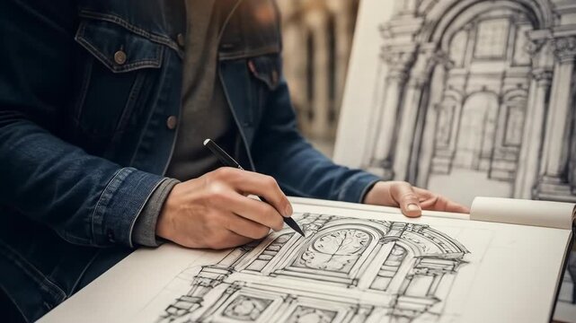Bearded Man Artist Drawing Architectural Sketch with Pencil on Paper Outdoors in European Courtyard Soft Natural Lighting