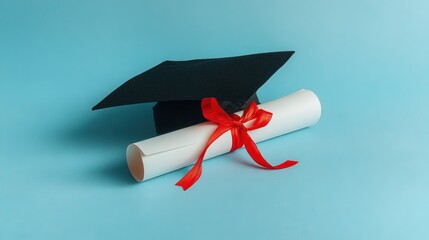 Graduation Cap and Diploma Roll with Red Ribbon on Blue Background
