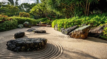 A tranquil Japanese Zen garden featuring smooth, large rocks arranged over a meticulously raked sand surface. The background is lush with greenery, including tropical plants and trees, creating a sere