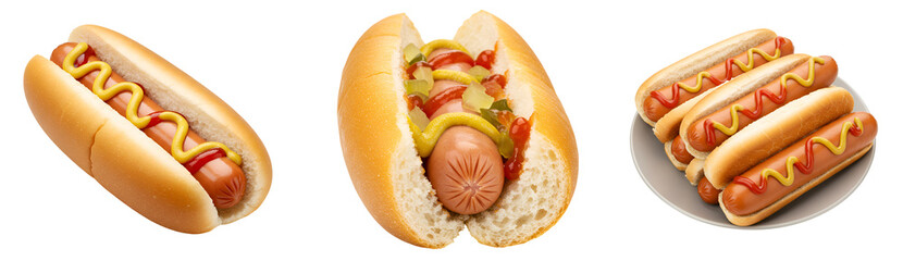 Delicious hot dogs with mustard and ketchup perfect for summer barbecue party food photography image on transparent background