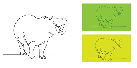 Continuous line illustration of a hippopotamus in minimalist style. One line drawing hippo art, wild animal outline for zoo, safari, wildlife, education, and modern decorative design.