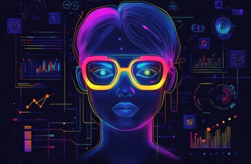 Futuristic neon illustration of an AI avatar with digital visuals