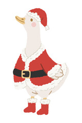 goose dressed in classic santa claus outfit with red coat boots and hat, standing confidently in hand-drawn cartoon christmas style on transparent background