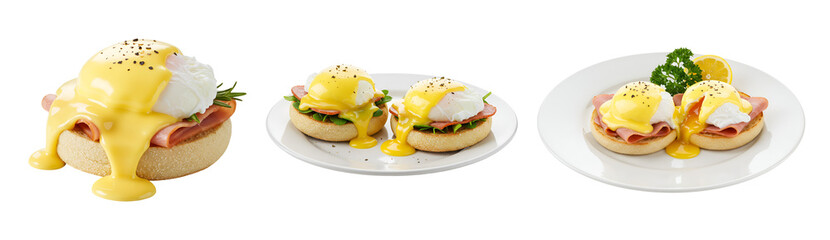 Eggs benedict delicious breakfast brunch hollandaise sauce english muffin ham poached egg food photography gourmet dish on transparent background