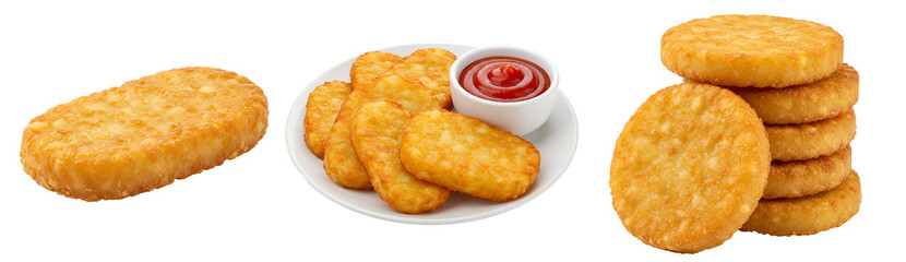 Crispy golden brown hash browns breakfast food tasty potato patties served with ketchup delicious snack meal food on transparent background