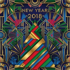 Art Deco New Year 2018 Celebration with Geometric Christmas Tree Design.