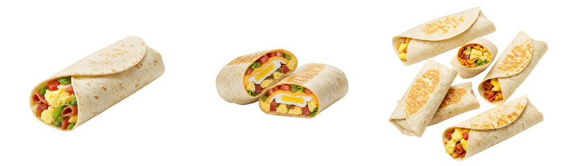 Delicious breakfast burrito wraps with eggs and bacon for a quick and easy morning meal prep idea on transparent background