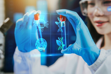 An Asian female scientist examines a transparent digital glass displaying holographic DNA and microchip icons, representing futuristic biotechnology, genetic engineering,data-driven innovation