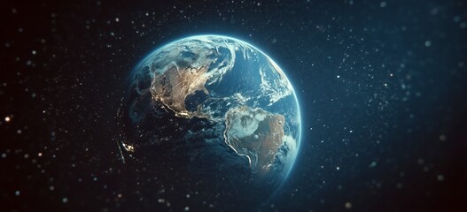 High-Resolution View of Earth From Space Showing Illuminated Continents and Cloud Formations, Ideal for Global Network, Technology, and Environmental Concepts