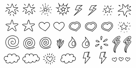 Naklejka premium Collection of hand drawn doodle icons featuring stars hearts lightning bolts clouds swirls and fire elements