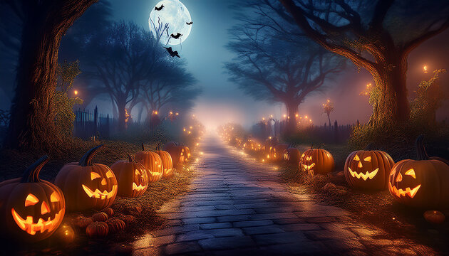 Halloween pumpkin with full moon background