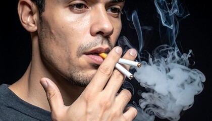 Fototapeta premium A close-up of a man exhaling cigarette smoke. He holds two lit cigarettes, one in his mouth, against a dark background
