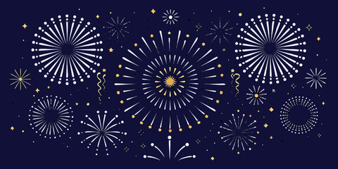 Festive dark blue background with a variety of white and gold fireworks and stars