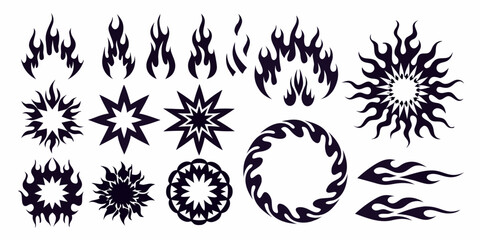 Collection of black tribal flame and starburst graphic elements for design and decoration © Ratan