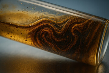 Oil analysis industrial testing quality control swirling amber liquid in glass vial with textured surface and dramatic lighting evoking careful laboratory inspection and precise measurement