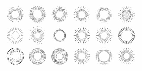 Collection of hand drawn sunbursts and radial burst elements in black and white