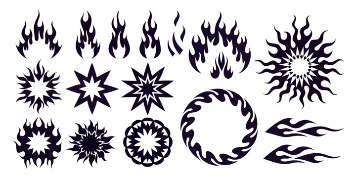 Collection of black tribal flame and starburst graphic elements for design and decoration