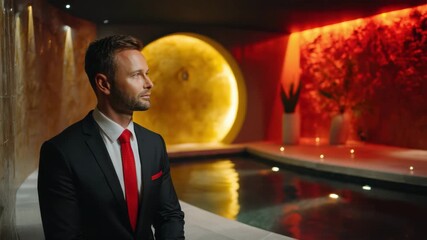 Digital nomad bleisure businessman suit relaxing by indoor pool warm lighting contemplative elegant businessman red tie - Powered by Adobe