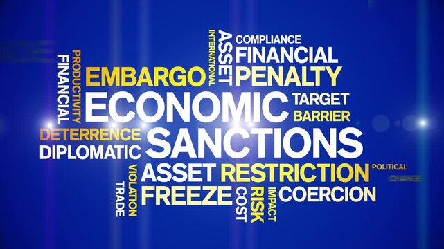 Economic Sanctions animated word cloud-text design animation tag kinetic typography seamless loop.