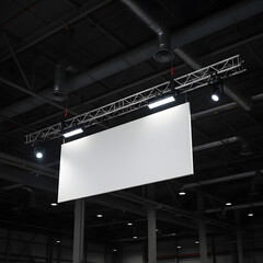 Large Horizontal Hanging Banner Mockup with Truss Lighting in Exhibition Hall