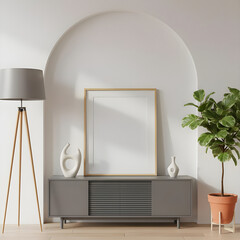 Minimalist Living Room Interior with Blank Square Frame Mockup on Cabinet in White Arch Niche