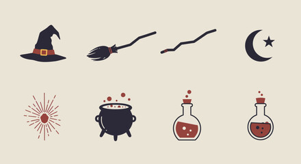 A clean flat design illustration featuring a minimalist icon set of essential witch-themed elements, including a hat, broomstick, cauldron, potion, and moon. This 2D vector art is ideal for Halloween 