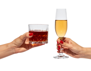 Pair of vintage female hands with red manicure holding drinks isolated on transparent background